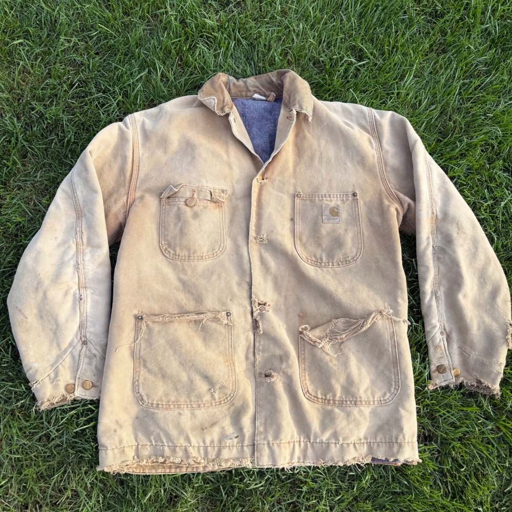 70's Vintage Carhartt Chore Coat Distressed Tan Duck Canvas Blanket Lined Jacket